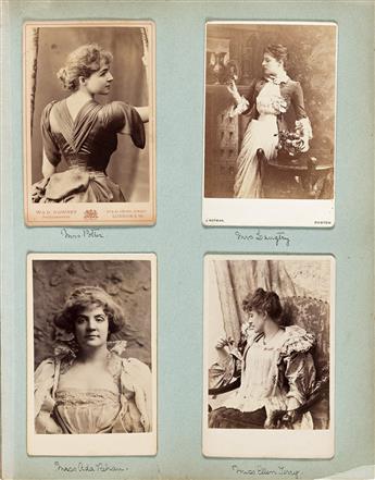 (CABINET CARDS--THEATER) Set of two albums containing approximately 330 theatrical cabinet cards depicting famous late 19th-century Bro